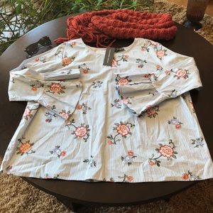 Blue & White Striped Floral Blouse Size 2X